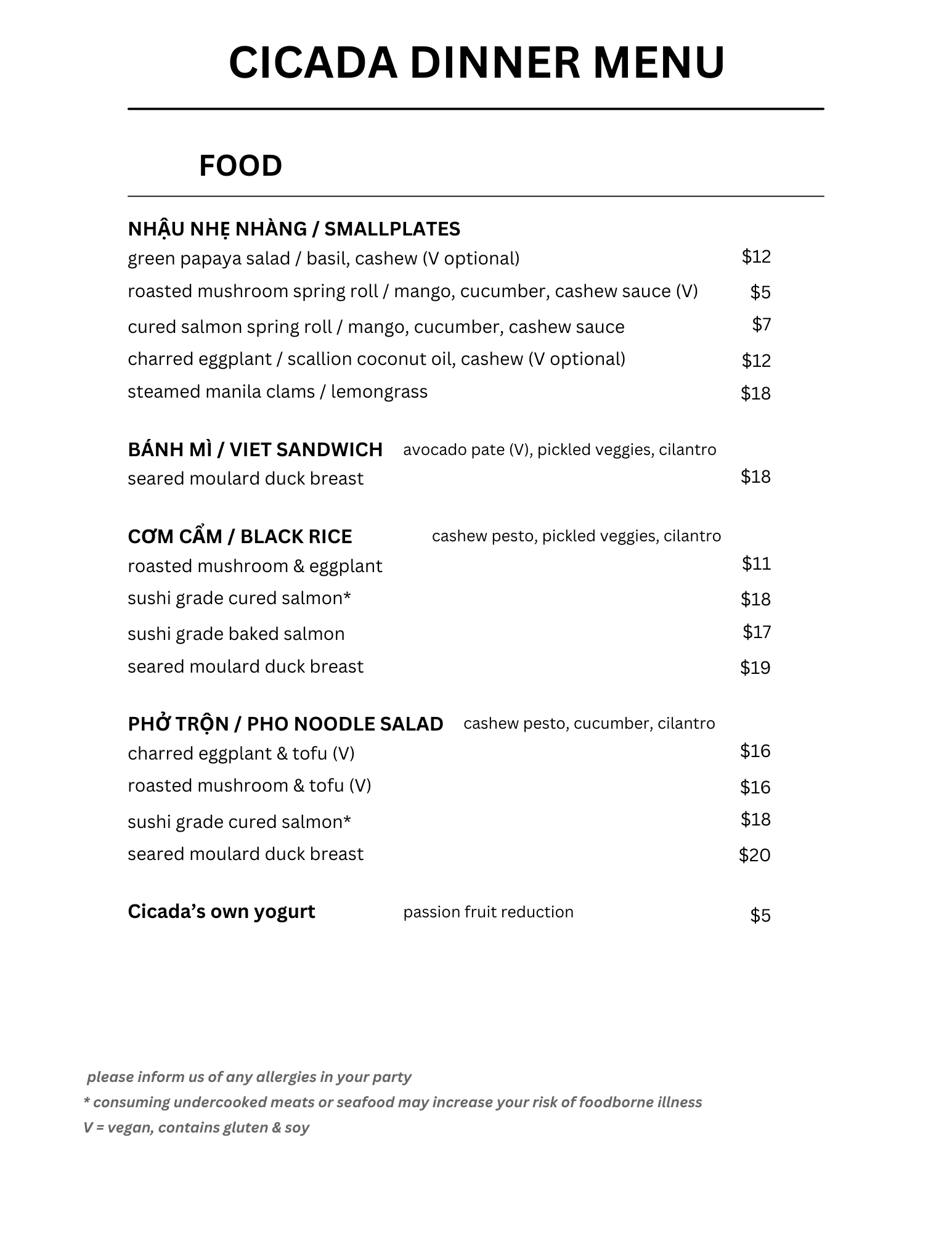 Cicada Coffee Bar dinner menu board