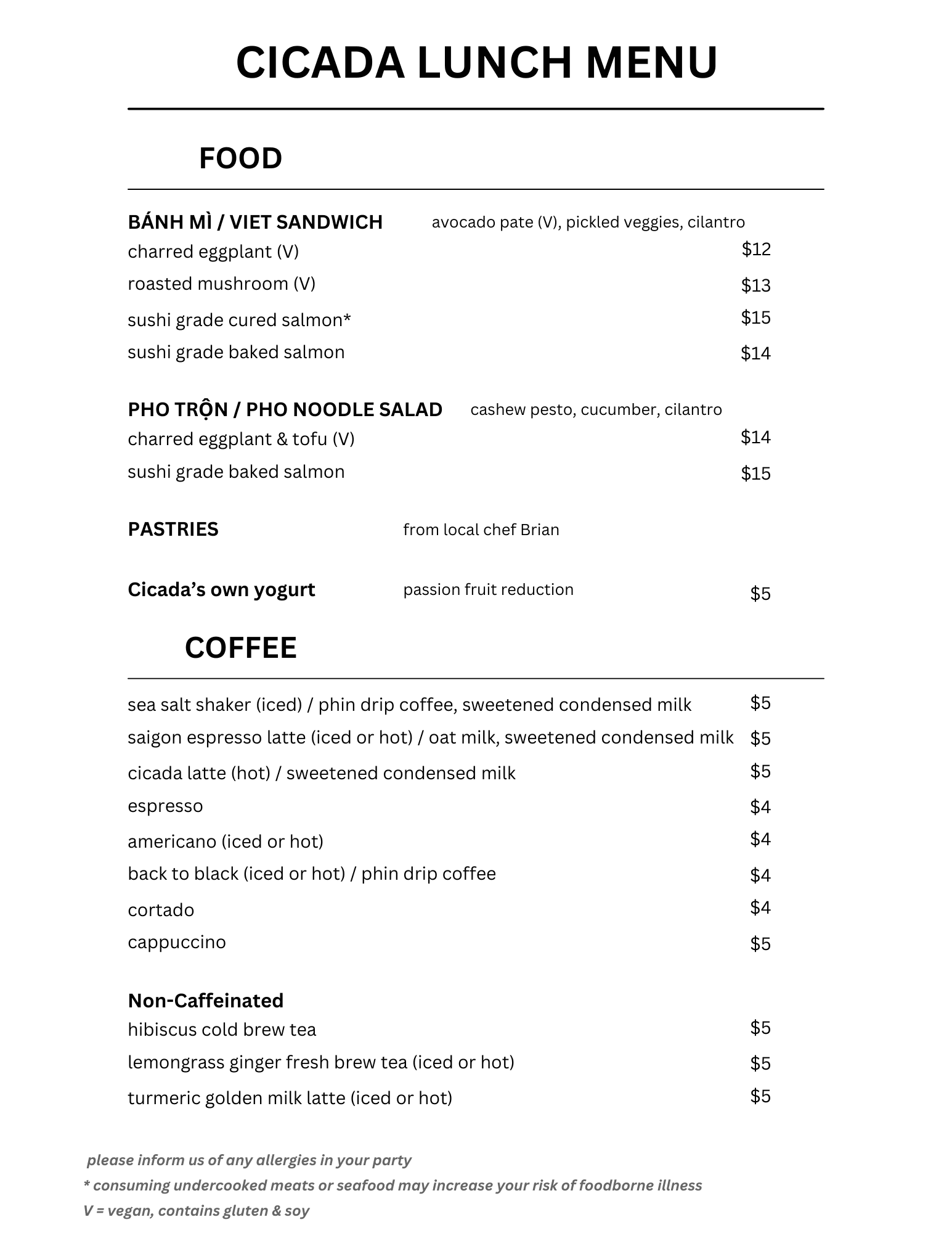Cicada Coffee Bar lunch menu board