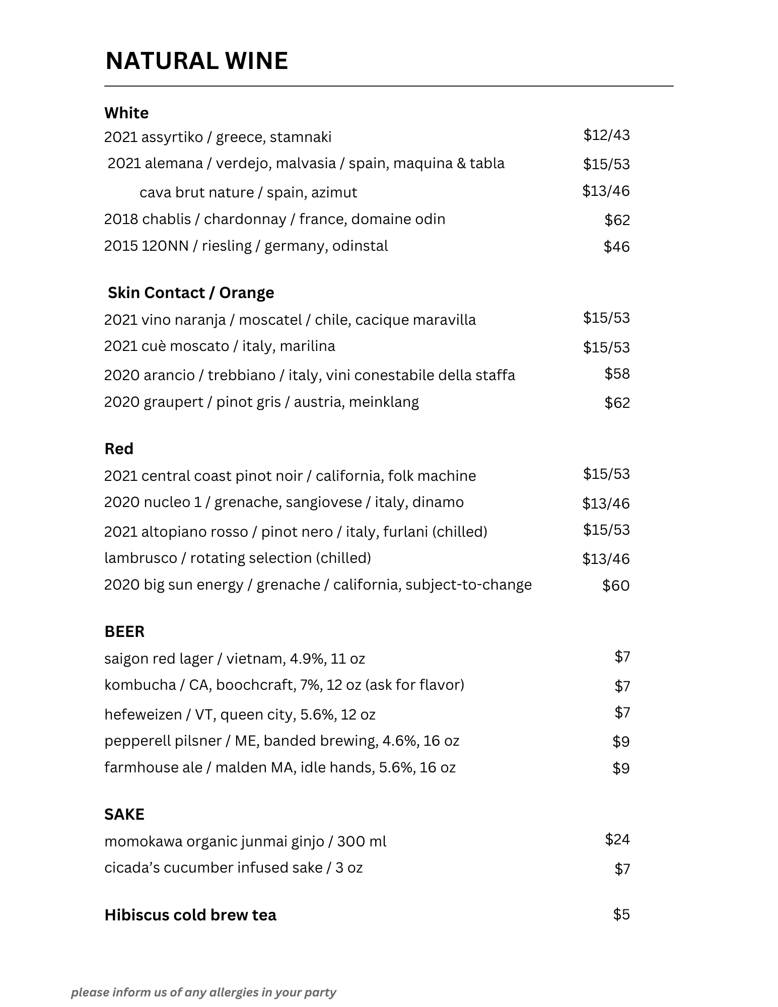 Cicada Coffee Bar natural wine, beer & sake list