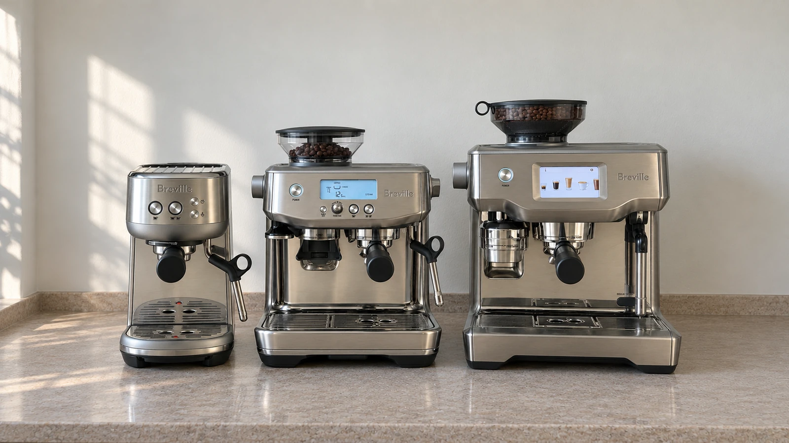 Breville espresso machines lined up from Bambino to Oracle