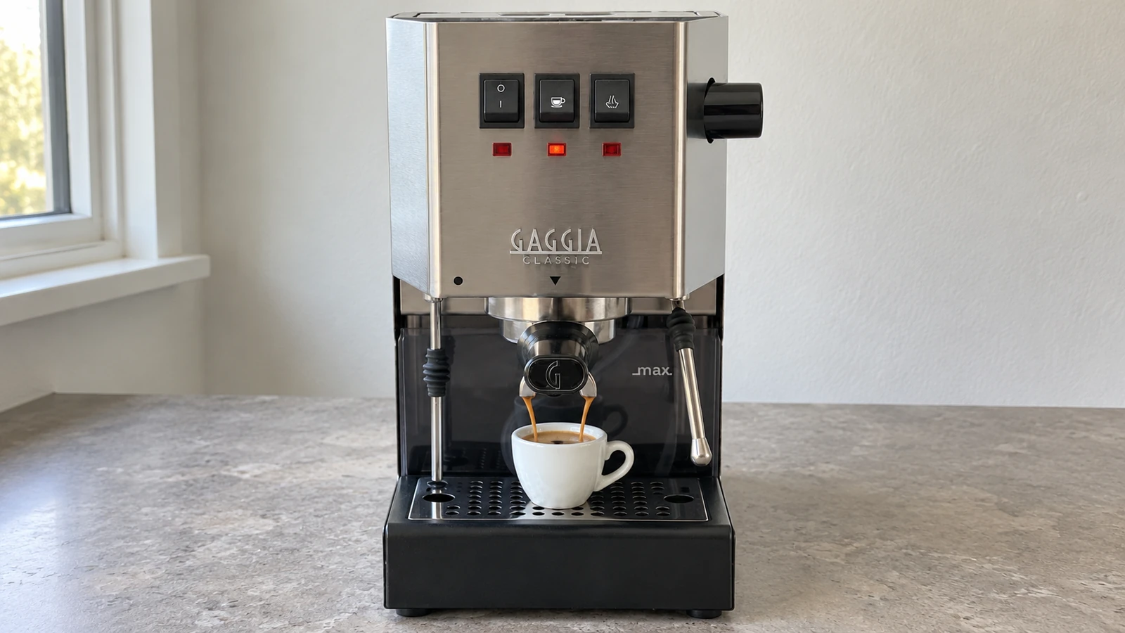 Italian espresso machine pulling a shot into a small cup