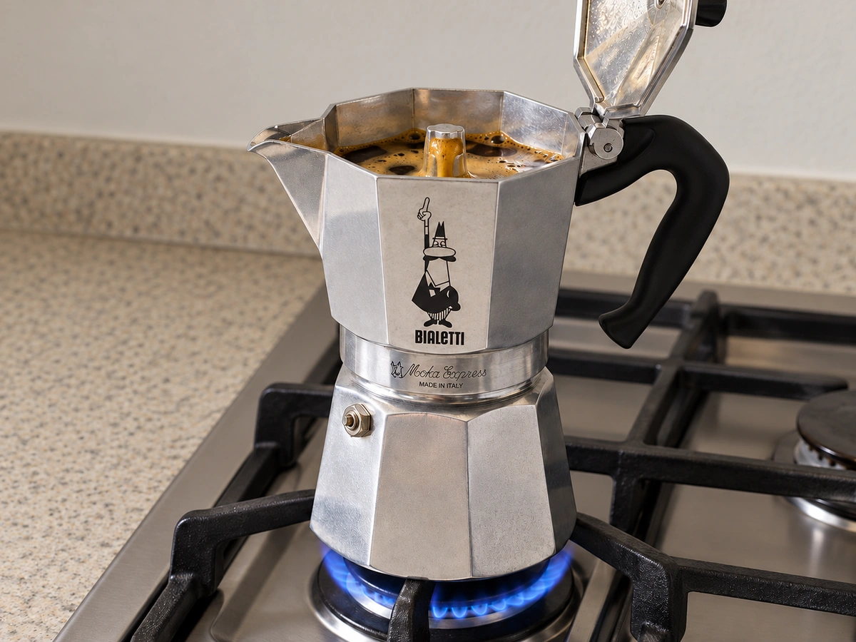 Bialetti Moka Express on a gas stove with coffee bubbling out of the spout
