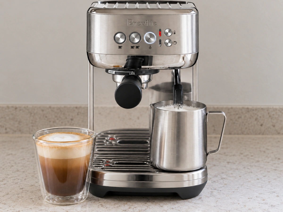 Breville Bambino Plus automatic steam wand foaming milk in the jug, with a finished cappuccino beside it