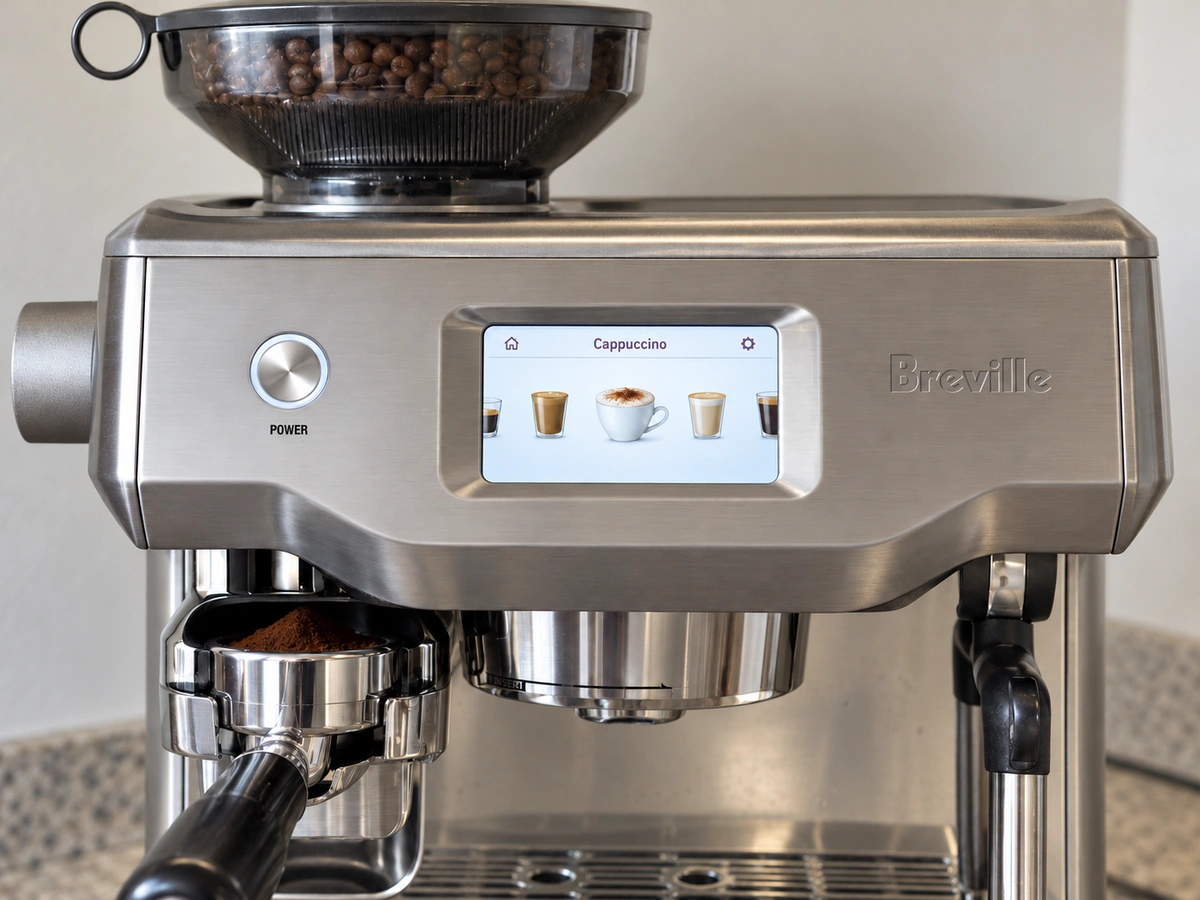 Breville Oracle Touch touchscreen showing the cappuccino menu, with the portafilter in the grinder cradle