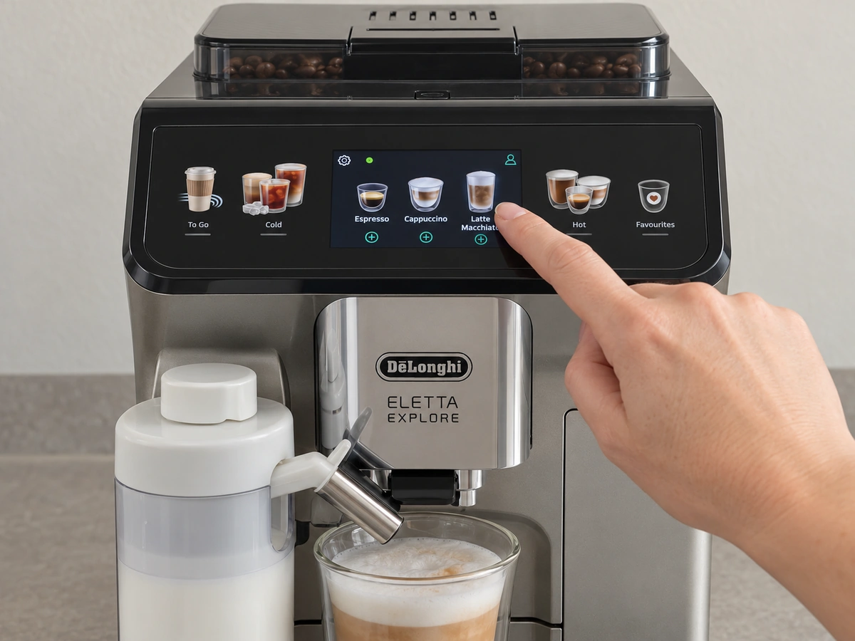 De'Longhi Eletta Explore touchscreen menu showing hot and iced drink options