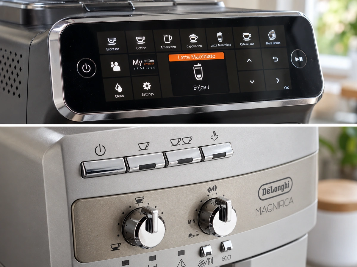 Philips 4300 display above the dial controls of an older De'Longhi