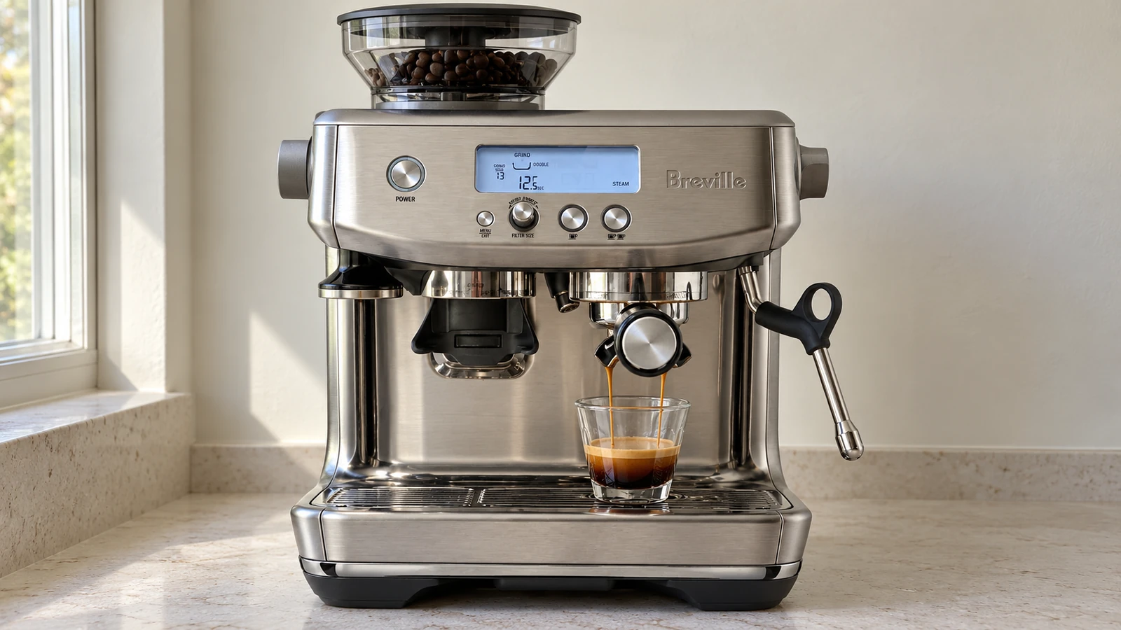 Mid-range espresso machine pulling a double shot