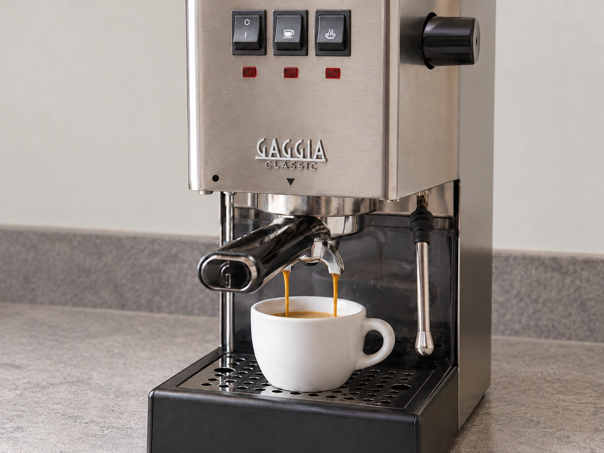 Gaggia Classic Pro pulling a shot, close-up of the 58 mm portafilter and stainless body