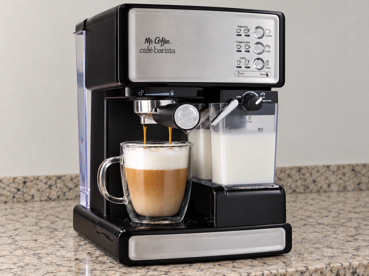 Mr. Coffee Café Barista with its milk reservoir attached, dispensing a cappuccino
