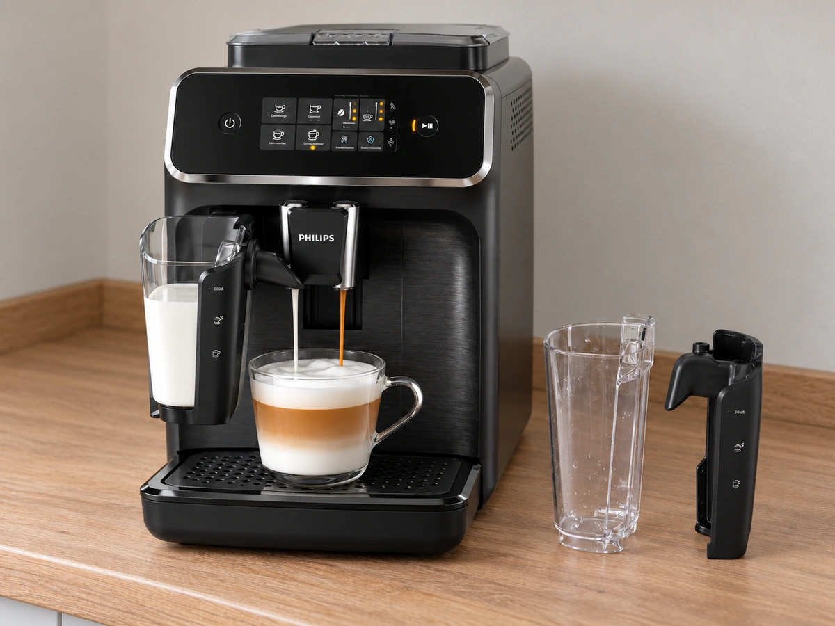 Philips 2200 LatteGo dispensing a cappuccino, with the two-piece LatteGo carafe taken apart beside it