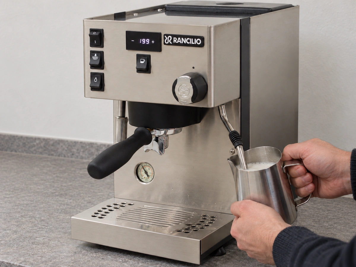 Rancilio Silvia Pro X front view showing the PID display/shot timer and both boiler gauges, steaming milk
