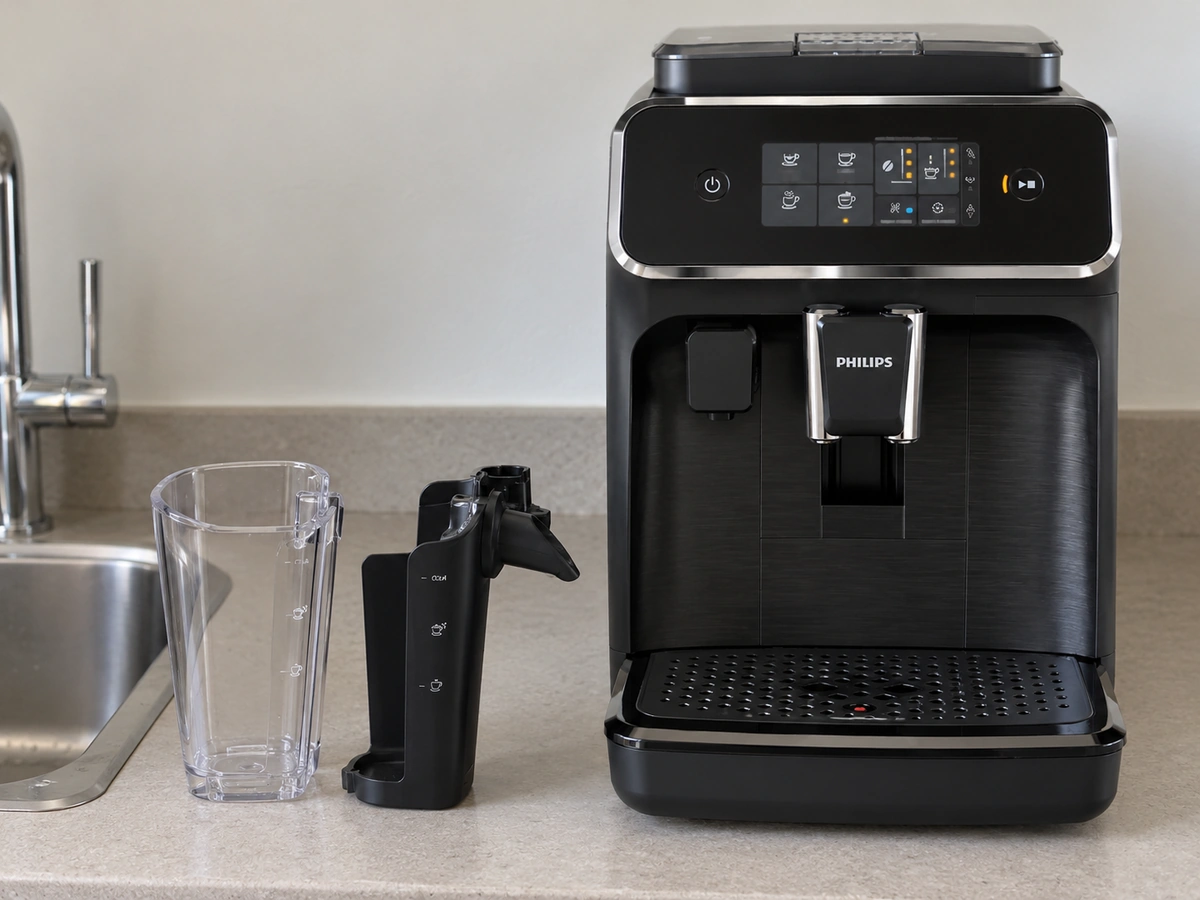 The two LatteGo parts separated next to the sink, showing how simple the milk system is